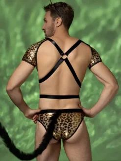 Men's Leopard Cat Costume Set Body Harness Shorts Tail Ears Halloween Cosplay Outfit Night Club Wear