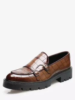 Mens Loafers Double Monk Strap Slip On Non Slip Platform Chunky Penny Shoes