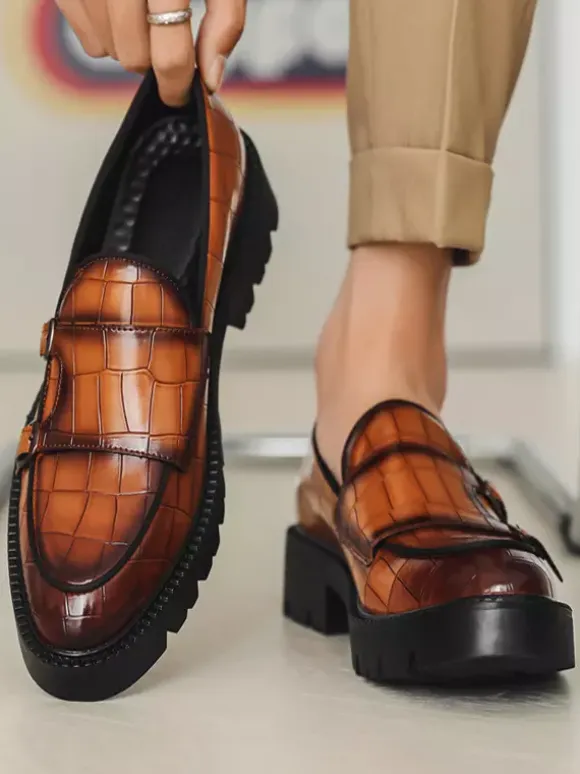 Mens Loafers Double Monk Strap Slip On Non Slip Platform Chunky Penny Shoes