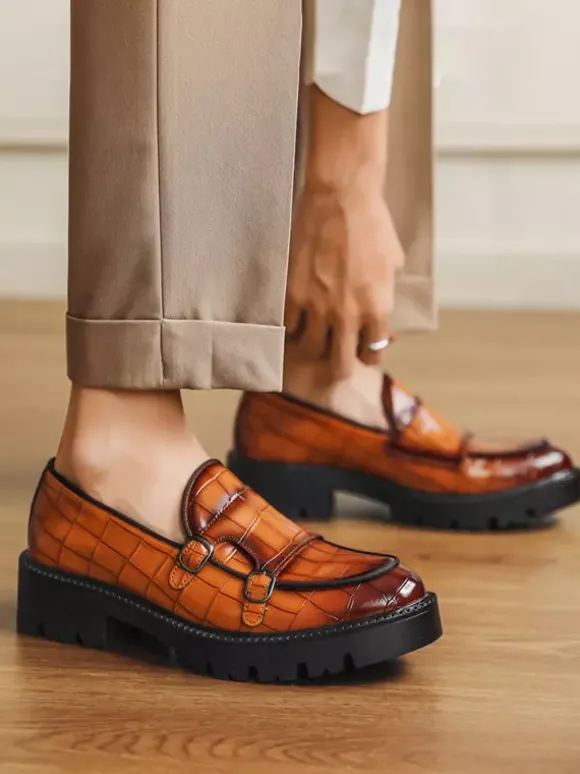 Mens Loafers Double Monk Strap Slip On Non Slip Platform Chunky Penny Shoes