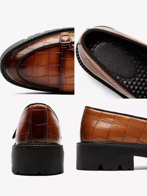 Mens Loafers Double Monk Strap Slip On Non Slip Platform Chunky Penny Shoes
