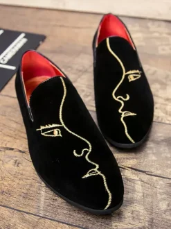 Mens Loafers Embroidery Suede Pointed Toe Moccasins Shoes Slip-on Low Heels Penny Shoes