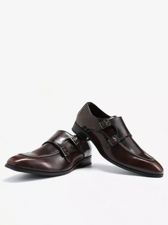 Mens Loafers Pointed Toe British Double Monk Shoe Men Business Formal Genuine Leather Shoes