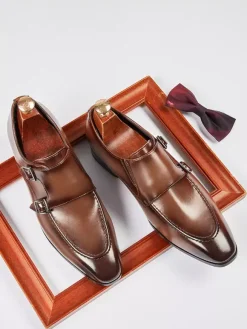 Mens Loafers Pointed Toe British Double Monk Shoe Men Business Formal Genuine Leather Shoes