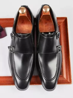 Mens Loafers Pointed Toe British Double Monk Shoe Men Business Formal Genuine Leather Shoes