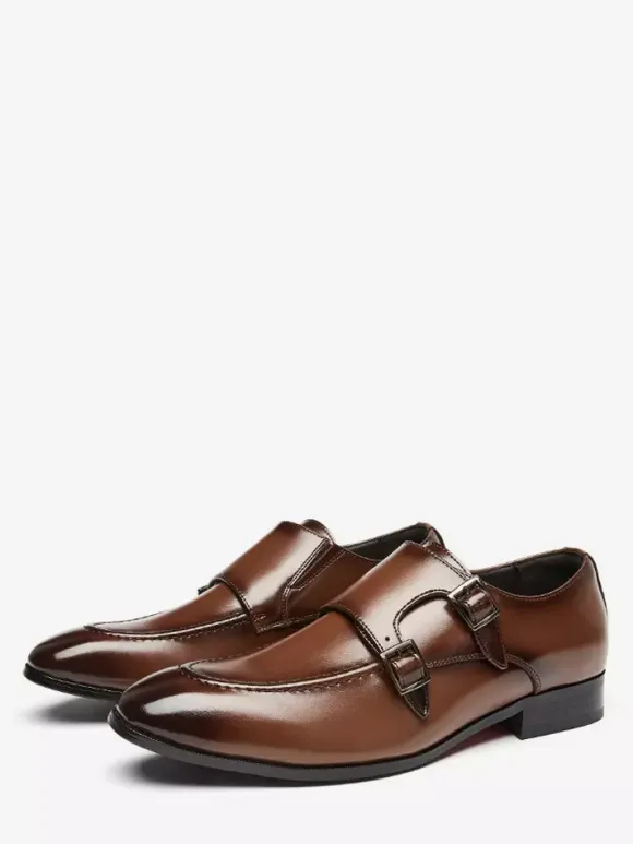 Mens Loafers Pointed Toe British Double Monk Shoe Men Business Formal Genuine Leather Shoes