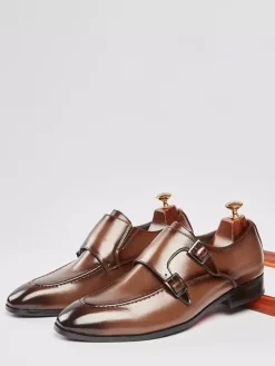 Mens Loafers Pointed Toe British Double Monk Shoe Men Business Formal Genuine Leather Shoes