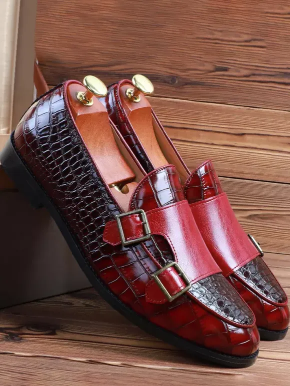 Mens Loafers Slip-on Low Heels Leather Monk Shoes Textured Decorate Low Top Penny Shoes