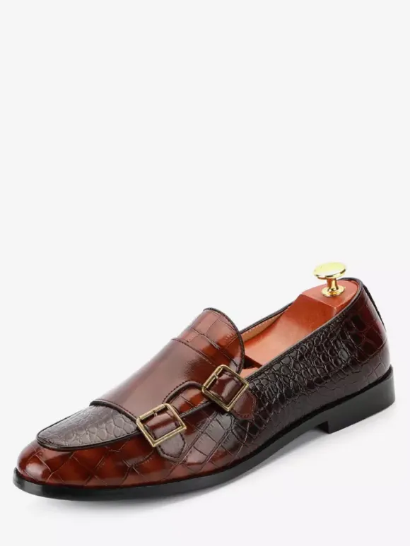 Mens Loafers Slip-on Low Heels Leather Monk Shoes Textured Decorate Low Top Penny Shoes