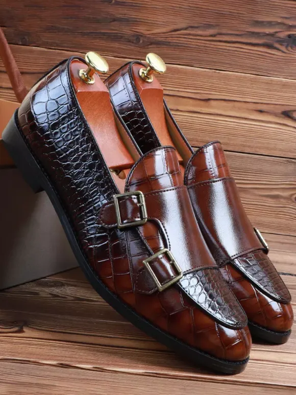 Mens Loafers Slip-on Low Heels Leather Monk Shoes Textured Decorate Low Top Penny Shoes