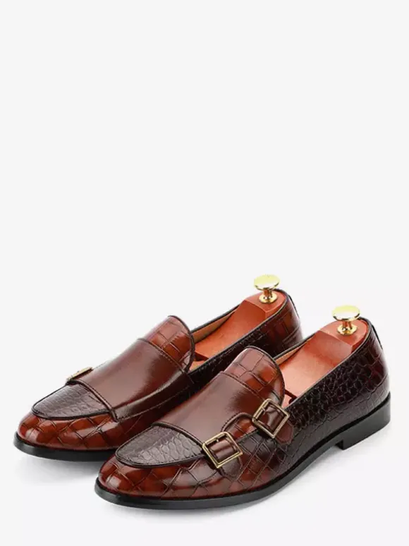 Mens Loafers Slip-on Low Heels Leather Monk Shoes Textured Decorate Low Top Penny Shoes