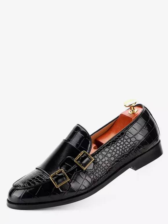 Mens Loafers Slip-on Low Heels Leather Monk Shoes Textured Decorate Low Top Penny Shoes