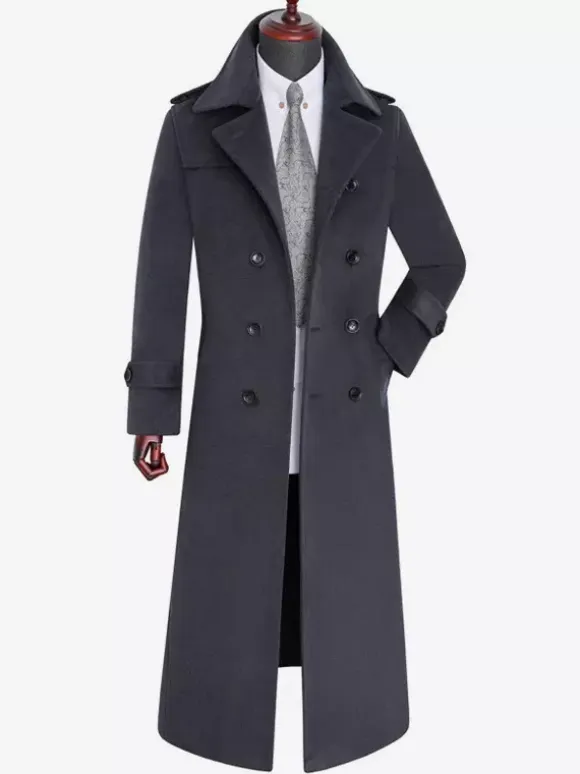Men's Longline Coats Woolen Notched Lapel Collar Camel Slim Fit Overcoats