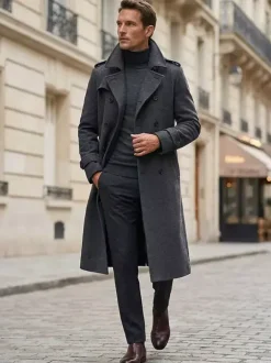 Men's Longline Coats Woolen Notched Lapel Collar Camel Slim Fit Overcoats