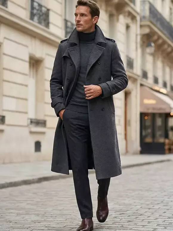 Men's Longline Coats Woolen Notched Lapel Collar Camel Slim Fit Overcoats