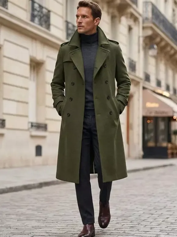 Men's Longline Coats Woolen Notched Lapel Collar Camel Slim Fit Overcoats