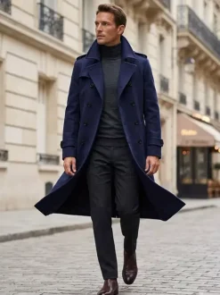 Men's Longline Coats Woolen Notched Lapel Collar Camel Slim Fit Overcoats