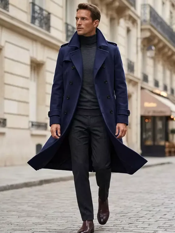 Men's Longline Coats Woolen Notched Lapel Collar Camel Slim Fit Overcoats