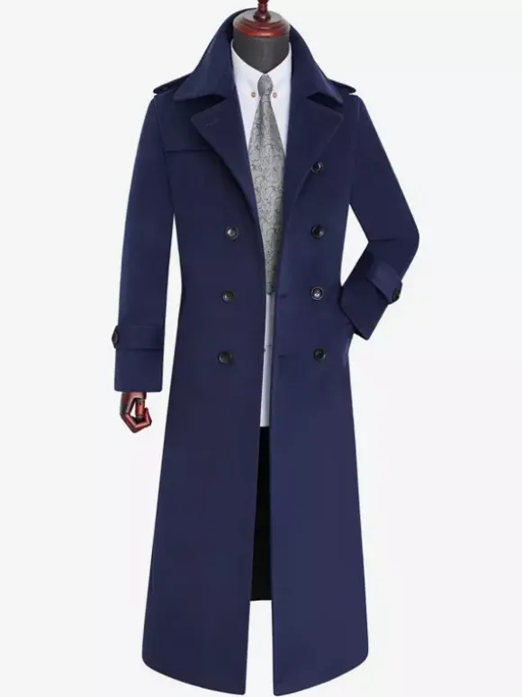 Men's Longline Coats Woolen Notched Lapel Collar Camel Slim Fit Overcoats