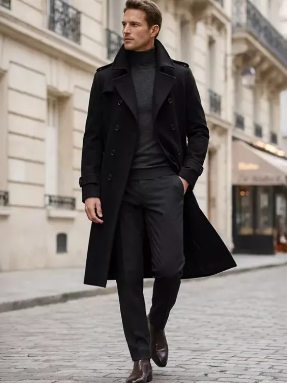 Men's Longline Coats Woolen Notched Lapel Collar Camel Slim Fit Overcoats