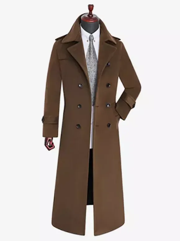 Men's Longline Coats Woolen Notched Lapel Collar Camel Slim Fit Overcoats