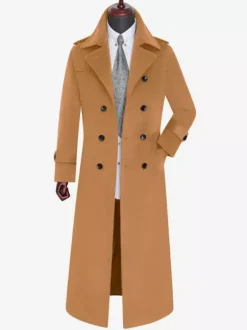 Men's Longline Coats Woolen Notched Lapel Collar Camel Slim Fit Overcoats