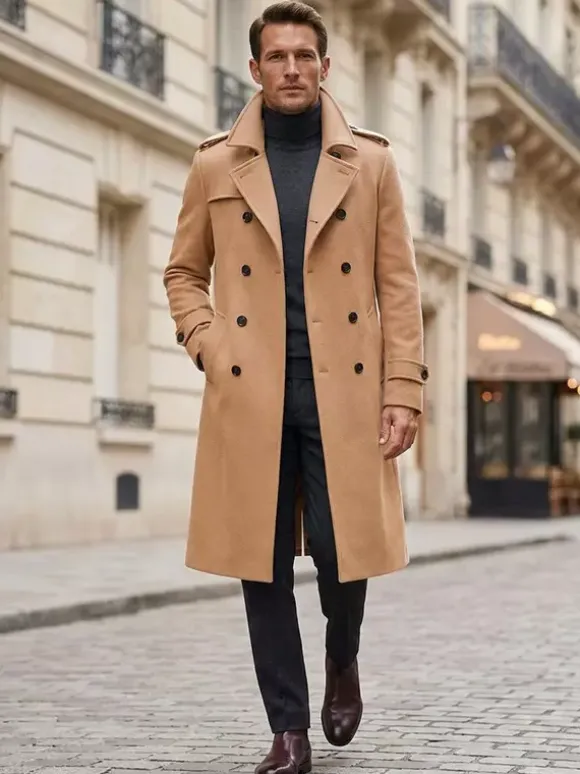 Men's Longline Coats Woolen Notched Lapel Collar Camel Slim Fit Overcoats
