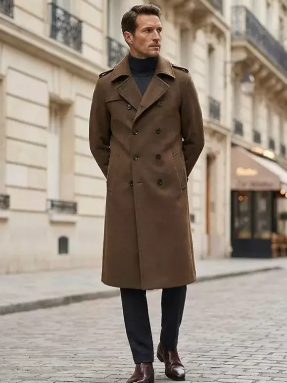 Men's Longline Coats Woolen Notched Lapel Collar Camel Slim Fit Overcoats