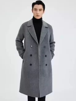 Men's Longline Woolen Coats Turn Down Collar Lapel Comfortable Gray Double Breasted Coat