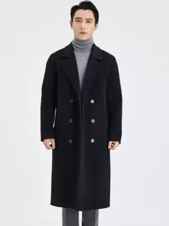 Men's Longline Woolen Coats Turn Down Collar Lapel Comfortable Gray Double Breasted Coat