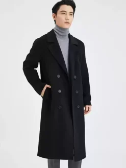 Men's Longline Woolen Coats Turn Down Collar Lapel Comfortable Gray Double Breasted Coat