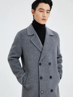 Men's Longline Woolen Coats Turn Down Collar Lapel Comfortable Gray Double Breasted Coat