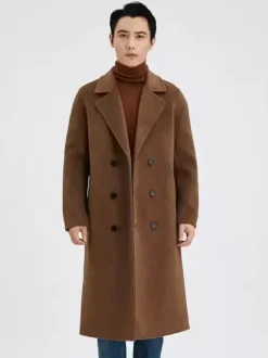 Men's Longline Woolen Coats Turn Down Collar Lapel Comfortable Gray Double Breasted Coat