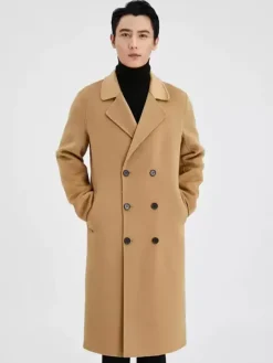 Men's Longline Woolen Coats Turn Down Collar Lapel Comfortable Gray Double Breasted Coat
