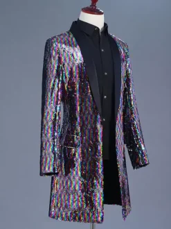 Men's Long Retro Stage Performance Glitter Overcoat 80's Rock Dancing Wear