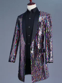 Men's Long Retro Stage Performance Glitter Overcoat 80's Rock Dancing Wear