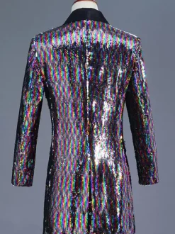 Men's Long Retro Stage Performance Glitter Overcoat 80's Rock Dancing Wear