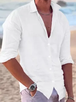 Men's Long Sleeve Cuban Shirt Button Down Casual Summer Beach Linen Shirts