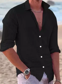 Men's Long Sleeve Cuban Shirt Button Down Casual Summer Beach Linen Shirts