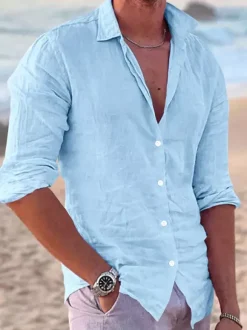 Men's Long Sleeve Cuban Shirt Button Down Casual Summer Beach Linen Shirts