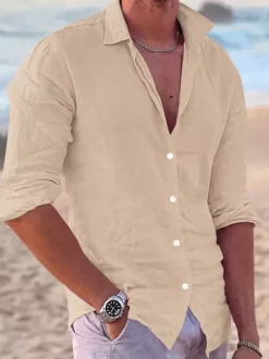 Men's Long Sleeve Cuban Shirt Button Down Casual Summer Beach Linen Shirts