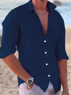 Men's Long Sleeve Cuban Shirt Button Down Casual Summer Beach Linen Shirts