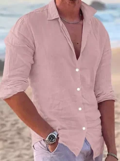 Men's Long Sleeve Cuban Shirt Button Down Casual Summer Beach Linen Shirts