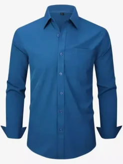 Men's Long-Sleeved Shirts Elastic Button Down Slim Fit Solid Color Shirts