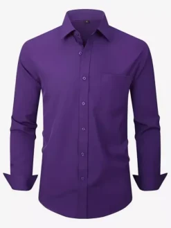 Men's Long-Sleeved Shirts Elastic Button Down Slim Fit Solid Color Shirts