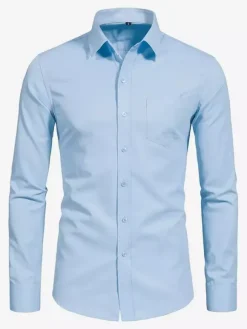 Men's Long-Sleeved Shirts Elastic Button Down Slim Fit Solid Color Shirts