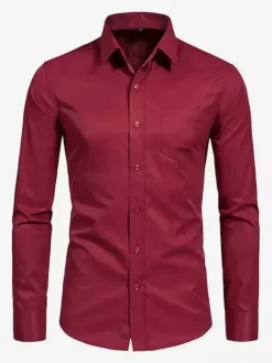 Men's Long-Sleeved Shirts Elastic Button Down Slim Fit Solid Color Shirts