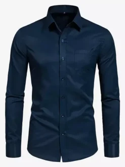 Men's Long-Sleeved Shirts Elastic Button Down Slim Fit Solid Color Shirts
