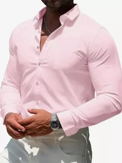 Men's Long-Sleeved Shirts Elastic Button Down Slim Fit Solid Color Shirts