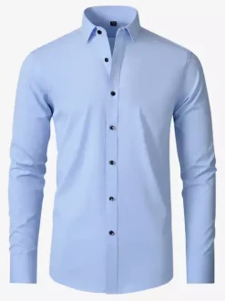 Men's Long-Sleeved Shirt Slim Fit Button Down Solid Color Tops